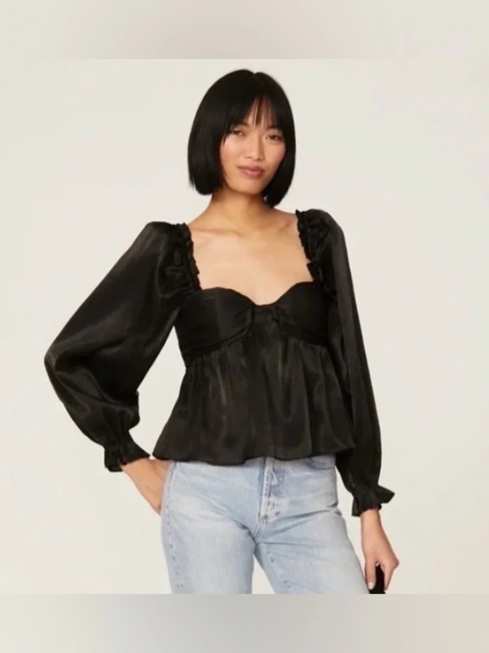 ASTR The Label Black Satin Puff Sleeve Babydoll Top Size Medium
